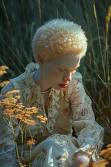 Poster - Artistic depiction of a person with albinism in a dreamy, ethereal setting,