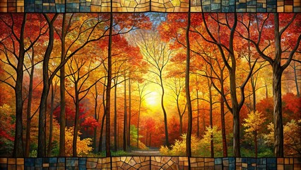 Wall Mural - Abstract autumn forest at sunset depicted in a mosaic stained glass window style, autumn, forest, sunset, abstract, mosaic