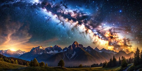 Wall Mural - Stunning Milky Way galaxy shining brightly over a majestic mountain landscape, Milky Way, galaxy, stars, astronomy, night sky