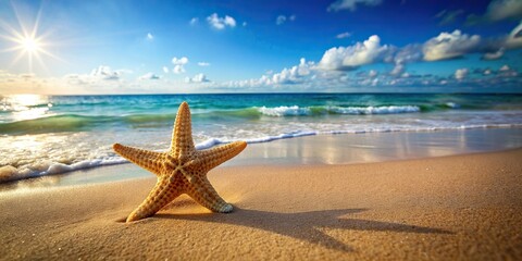 Sticker - Sunny beach scene with a starfish, epitomizing summer vacation vibes, beach, starfish, summer, vacation, sun, sand, ocean