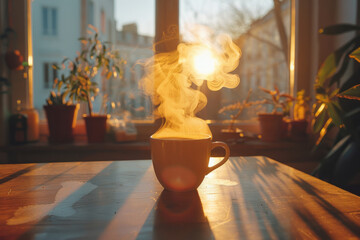 Poster - A steaming cup of coffee transforming into a rising sun, symbolizing the start of the day,