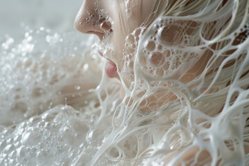 Poster - Minimalist close-up of foam-covered hair against a simple white background,