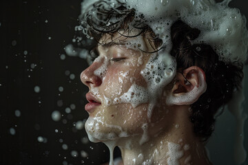 Poster - Clean, frothy foam enveloping a person's head and shoulders in a minimalist setting.