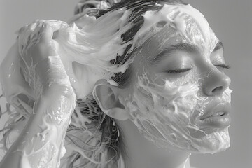 Poster - Minimalist shot of foam-covered hands running through hair, capturing elegance,