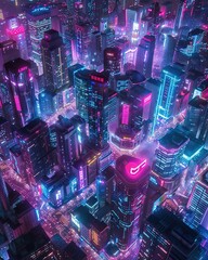 Poster - Neon Cityscape. Futuristic Metropolis with Vibrant Lights at Night, Cyberpunk Urban Landscape