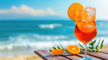 Sticker - Aperol spritz drink with orange garnish displayed on a wooden table at the beach Room for adding text