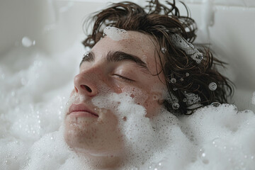 Poster - Clean, detailed view of foam patterns on a person's skin and wet hair.