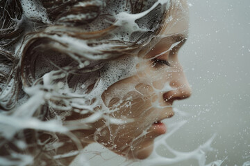 Poster - Simple, artistic shot of foam-covered hair against a neutral background,
