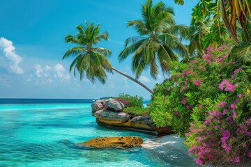Wall Mural - A vibrant Maldives tropical beach scene with a natural rock formation jutting out into the turquoise waters, surrounded by lush palm trees and flowering shrubs, under a bright, clear sky.