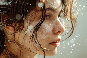Poster - Simple, artistic shot of foam-covered hair against a neutral background,