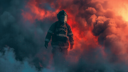 Wall Mural - Firefighter in action surrounded by intense flames.