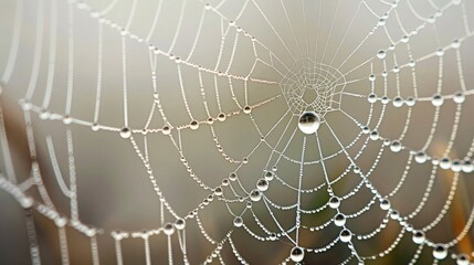 : A detailed macro shot of morning dew on a spider web, with each droplet reflecting the early morning light.