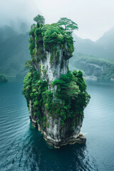 Poster - Mushroom-shaped island with tall, narrow landforms and lush vegetation,