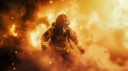 Wall Mural - Firefighter in action surrounded by intense flames.