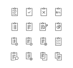 Poster - Set of clipboard related icons, contact, checklist, document, form, petition and linear variety vectors.	
