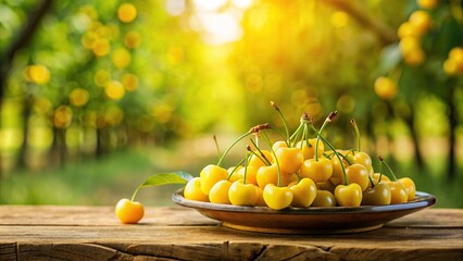 Canvas Print - Yellow cherries on a plate on a table with a blurred orchard background, creating a tranquil pastoral scene , cherries