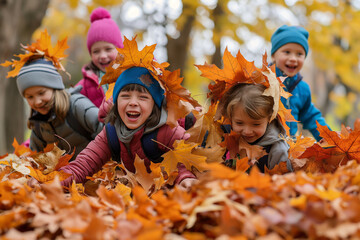 group of children is happily playing together in big pile of colorful autumn leaves under tree in nature.heartwarming atmosphere,highlighting simple pleasures of outdoor play,natural wonder of autumn