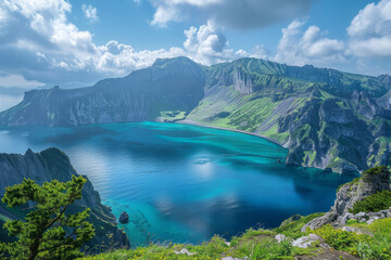 Poster - Volcanic island with dramatic cliffs and a crater lake in the center,