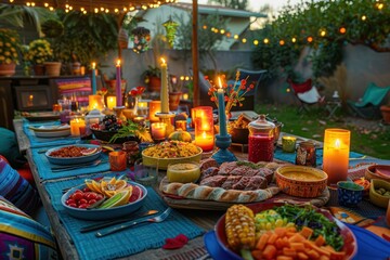 Wall Mural - A vibrant outdoor gathering with friends and family sharing stories, a beautifully set table with various international cuisines, candles, and colorful decorations, set in a charming backyard.