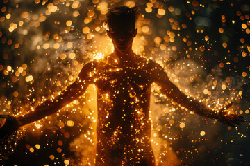 Aufkleber - Silhouette of a body outlined by glowing embers and sparks, creating a sense of warmth and energy,