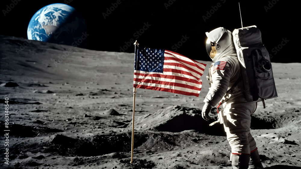 An Astonaut plants an American Flag on the moon surface with glowing ...