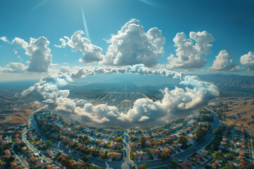 Poster - Planet split into rolling hills and sprawling urban infrastructure,
