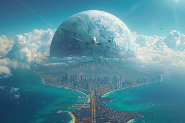 Poster - Artistic depiction of a planet showing half as a tropical island, half as an airport,