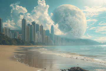 Aufkleber - Planet with one side as a quiet beach, the other as a city skyline,