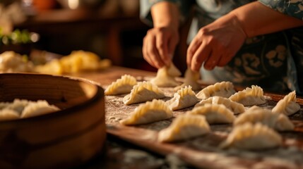 Wall Mural - Traditional dinner dish dumpling during family gathering party to celebrate Chinese lunar new year.