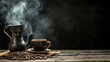 © Joyce - Close-up view of a cup of steaming hot coffee and coffee beans on table.