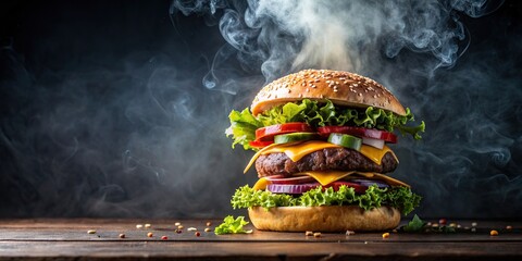 Large succulent burger with smoky flavors separated on floating ingredients, burger, juicy, delicious, smoky, separated