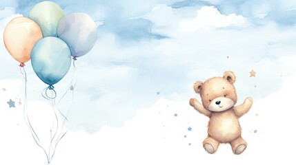 Sticker - Watercolor teddy bear holding silver balloons flying in the sky