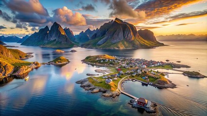 Aerial view of Sakris?ya Island with mountains in background during sunrise in the Lofoten Islands