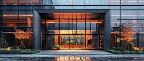 Modern office building entrance with large glass windows and warm interior lighting, perfect for business and corporate themes.