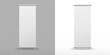 © Kindlena - Roll up banner stand isolated on transparent and white backgrounds. Vector blank display mockup for presentation, exhibition product template