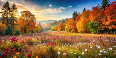 Wall Mural - Autumn meadow filled with colorful foliage and wildflowers in the forest , forest, fall, nature, meadow, foliage, wildflowers