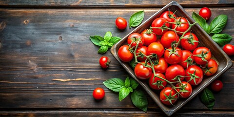 Canvas Print - A tray of fresh, ripe tomatoes with green leaves , tomatoes, ripe, fresh, tray, produce, vegetables, garden, green, leaves, healthy