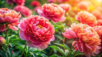 Wall Mural - Close up of vibrant coral peony flowers in a beautiful background, coral, peony, flowers, background, close up, vibrant, colorful