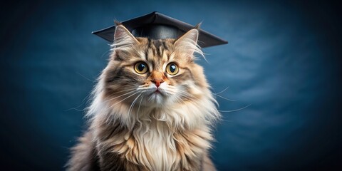 Wall Mural - Fluffy funny cat with graduate hat on dark blue background, cat, funny, fluffy, graduate, hat, education, back to school, concept
