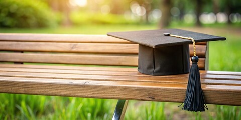 Black graduation cap resting on a wooden bench , achievement, education, graduation, commencement, success