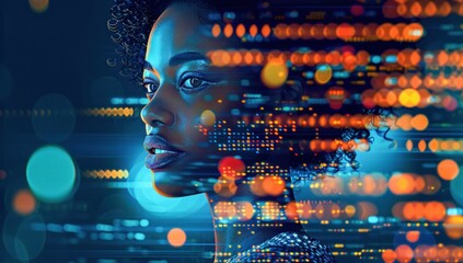 Poster - Portrait of Woman with Digital Code Overlay. Generative ai