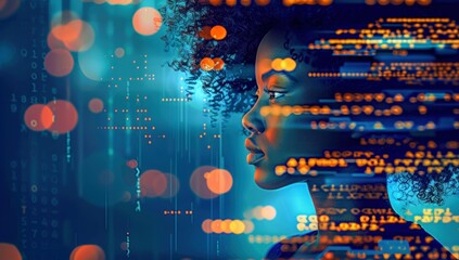 Poster - Portrait of Woman with Digital Code Overlay. Generative ai