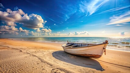 Wall Mural - Boat stranded on sandy beach on a sunny day, boat, beach, stranded, maritime, transportation, watercraft, nautical, shore, sand