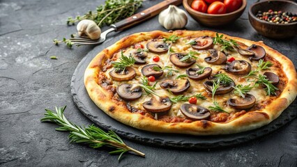 Herzhafte Pizza Fungi auf Schieferplatte mit Thymian und Rosmarin, pizza, fungi, Schieferplatte, Thymian, Rosmarin, food