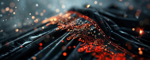 Close-up of luxurious black fabric with intricate red and gold embroidery, creating a rich and opulent texture.