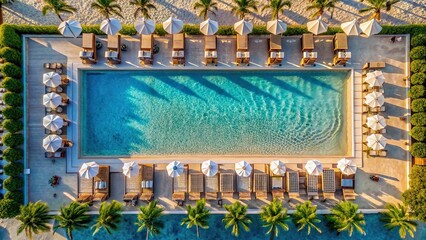 Wall Mural - Aerial view of a luxurious beach club pool surrounded by lounge chairs and umbrellas, beach club, poolside