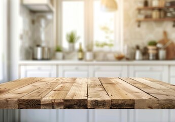 With a copy space over an empty tabletop, a defocused kitchen is shown