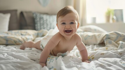 Cute little baby in bed.