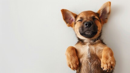 Wall Mural - Top view of cute dog lying on plain background.