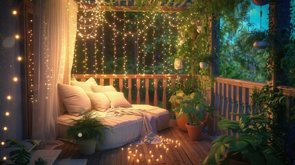 a whimsical balcony setting with strings of fairy lights and a quaint loveseat filled with white cus